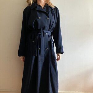 Vgt Bill Blass Navy Double Breasted Trench w/ Removable Wool Inner Coat Sz 12